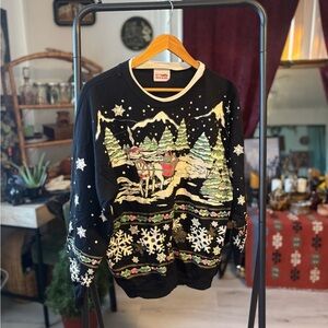 Charming Black Holiday Sweater with‎ Reindeer and Snowflake Design